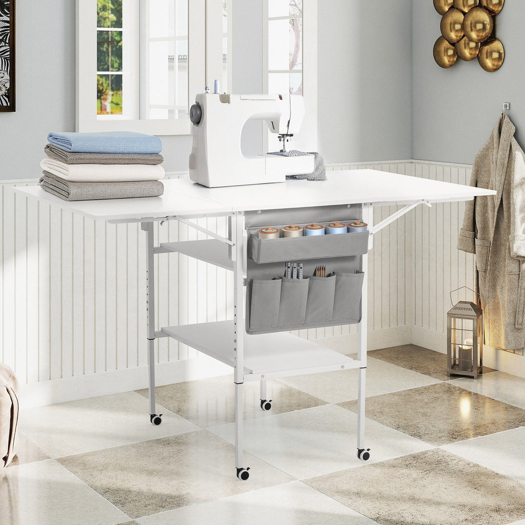 In hoogte verstelbare knutseltafel met opbergplanken, mobiele opvouwbare snijtafel voor thuiskantoor, naaikamer of hobbykamer