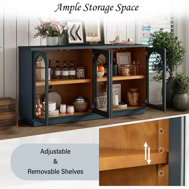 Grand buffet de rangement à 4 portes vitrées, armoire cintrée avec étagères réglables pour la cuisine