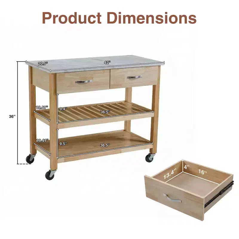 Desserte de cuisine à roulettes avec plateau en marbre, îlot de cuisine en bois massif à 2 tiroirs, chariot de cuisine à 3 niveaux avec roulettes amovibles verrouillables et porte-serviette