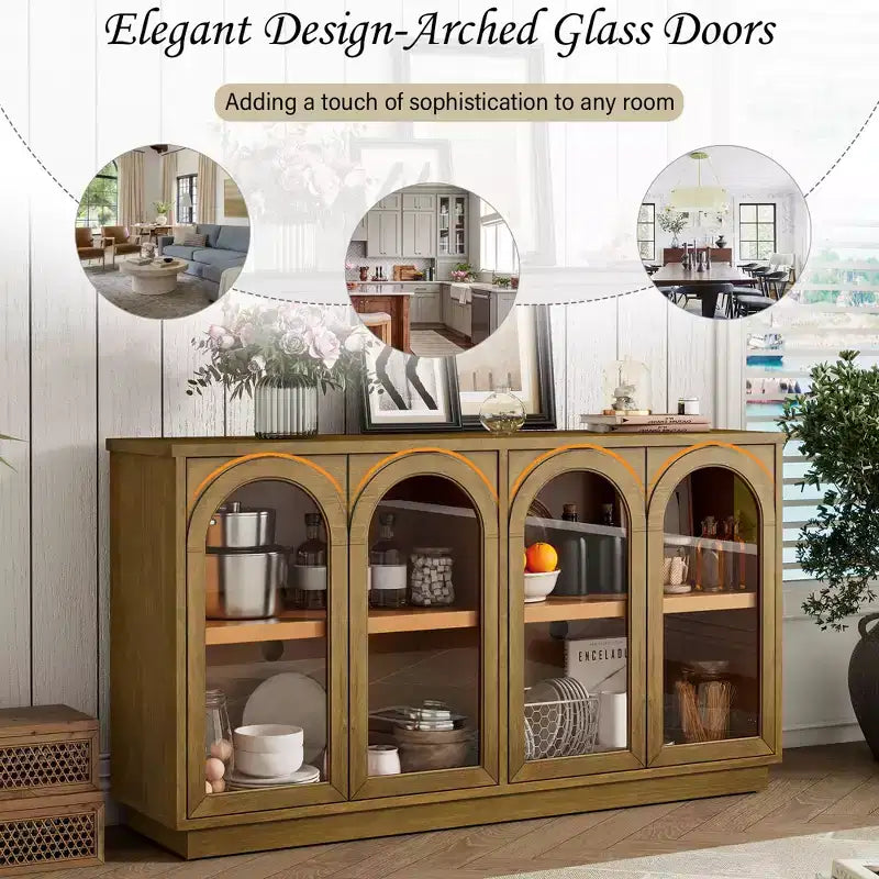 Grand buffet de rangement à 4 portes vitrées, armoire cintrée avec étagères réglables pour la cuisine