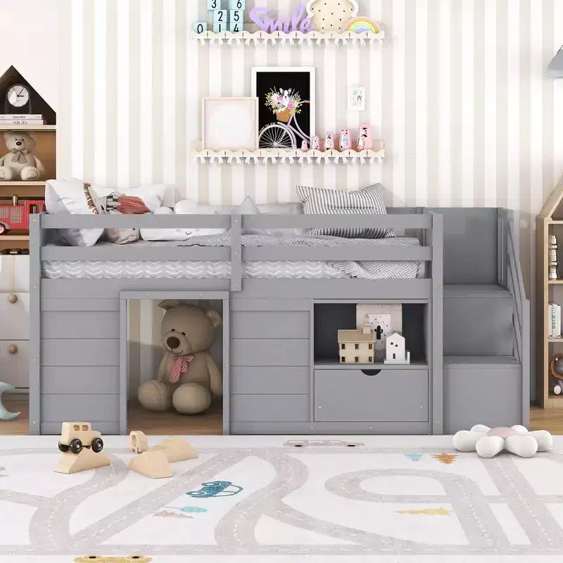 Łóżko typu low loft z litego drewna, rozmiar Twin, 94.6L x 42.3W, ze schodkami, szufladą i półką, nowoczesny i prosty design