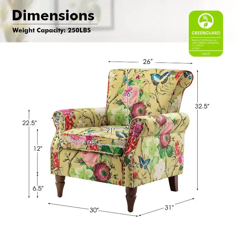 Araceli traditioneller gepolsterter Holzsessel mit Blumenmuster, Ohrenlehnen und Ziernägeln | ART OF LIVING DESIGNS