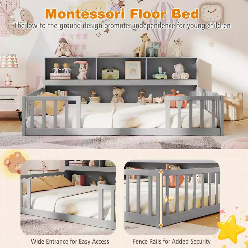 Łóżko podłogowe Montessori Twin/Full z półkami na książki i barierkami zabezpieczającymi, białe/szare