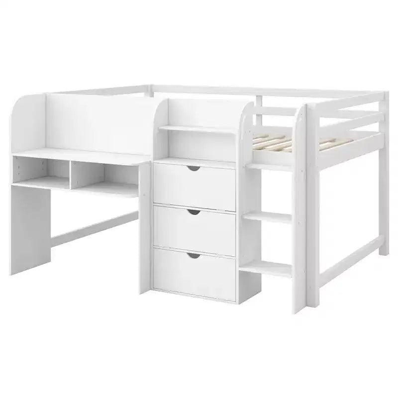 Roze/witte lage hoogslaper met bureau, opbergruimte en whiteboard ?C eenpersoonsbed, 1 persoon