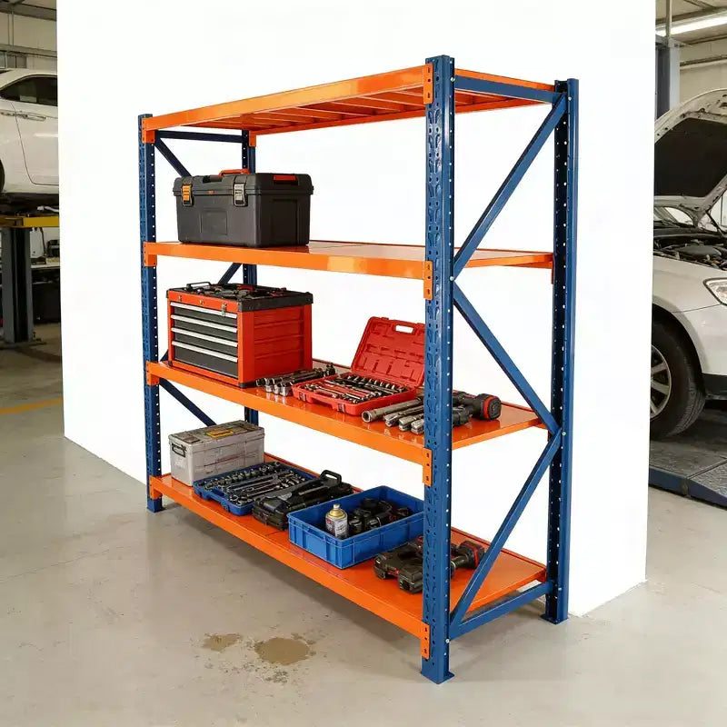VIYET robuste Garagenregale, 4 Ebenen, verstellbare Metallregale mit 4400LBS Tragkraft, blau-orangefarbene Industrieregale für Gewerbe, Werkzeuge und Fitnessgeräte