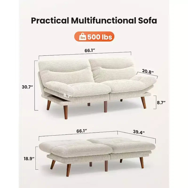 66-Zoll-Schlafsofa aus Cord mit verstellbarer Rückenlehne und Armlehnen, geeignet für kleine Räume, Wohnzimmer oder Büros, auch als Futonsofa nutzbar.
