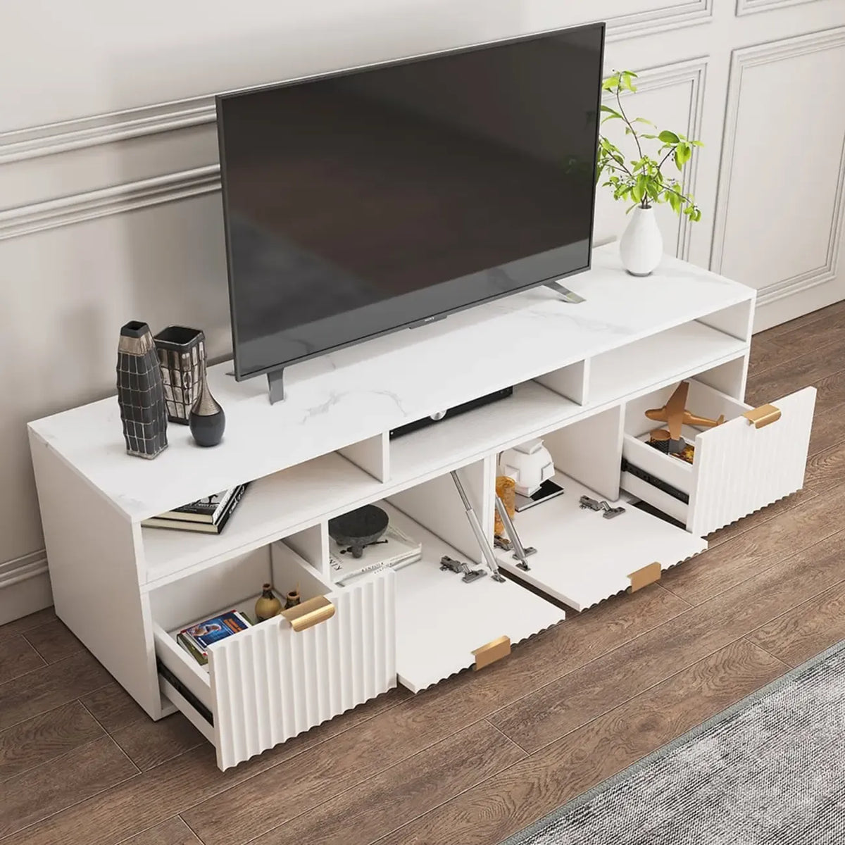 Moderne witte hoek-tv-meubel met 2 lades en open opbergruimte