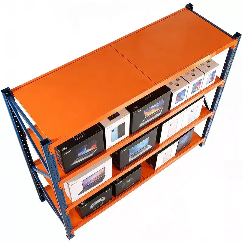 VIYET robuste Garagenregale, 4 Ebenen, verstellbare Metallregale mit 4400LBS Tragkraft, blau-orangefarbene Industrieregale für Gewerbe, Werkzeuge und Fitnessgeräte