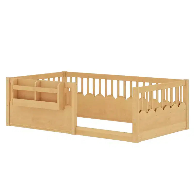 Lit au sol pour enfant Bellemave avec barrières surélevées et bibliothèque, cadre de lit Montessori en bois pour lit simple, pour filles et garçons