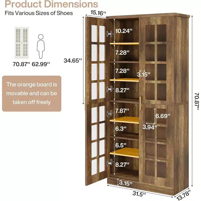 Meuble à chaussures haut Lantine avec portes, meuble de rangement à chaussures à 8 niveaux avec étagères réglables, meuble à chaussures moderne pour entrée, placard et salon, blanc