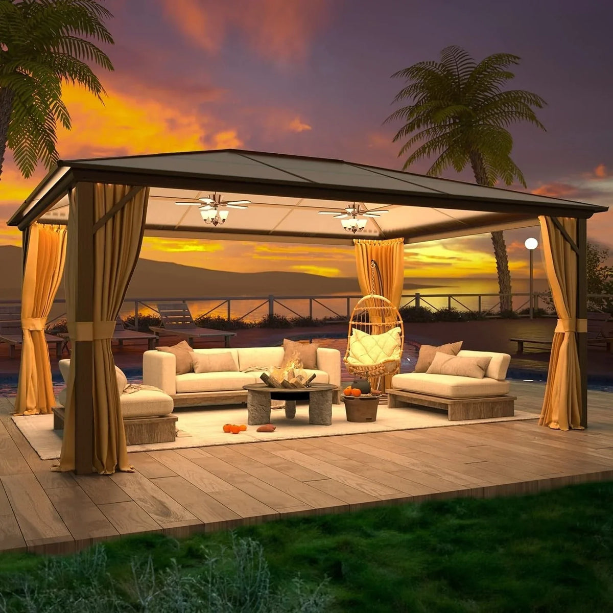EROMMY Pavillon mit festem Dach, Pergola für den Außenbereich mit Doppeldach, Moskitonetz und Vorhängen, strapazierfähiges Sonnendach für Terrasse, Garten und Poolpartys