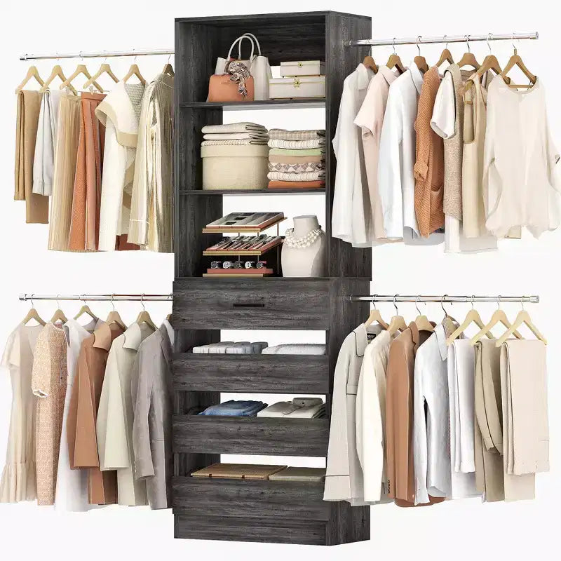 Système d'aménagement de dressing en bois Besiost de 4 à 9 pi avec 4 tiroirs, 4 tringles et des colonnes d'étagères
