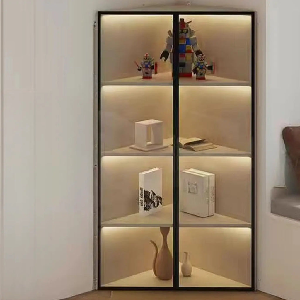 Moderne grijze metalen houten hoekvitrinekast met glazen deur