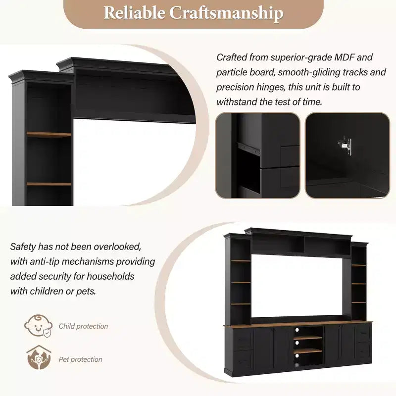 Meuble mural de divertissement de style champêtre ModernLuxe 4 en 1, compatible avec les téléviseurs jusqu'à 70, meuble TV et console multimédia avec étagères réglables et tiroirs
