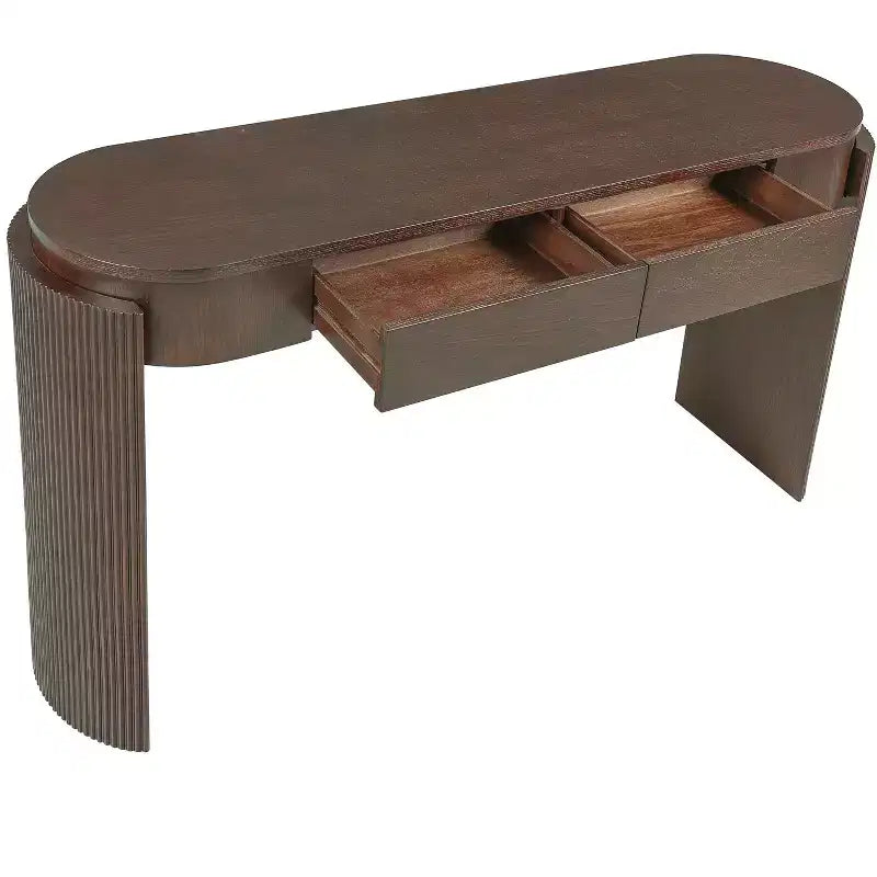 Table console moderne Merax à plateau ovale, avec pieds incurvés cannelés et deux tiroirs dissimulés