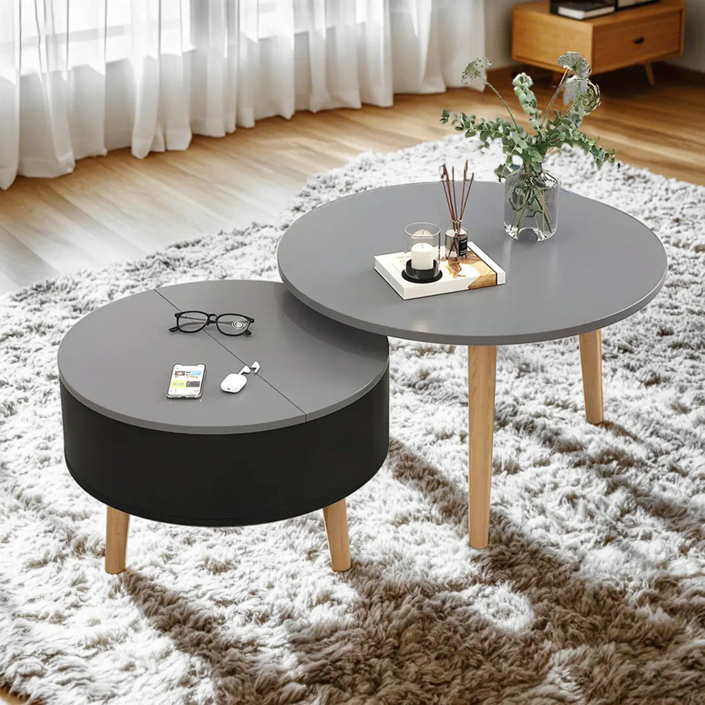 Moderner runder Couchtisch aus Holz in Schwarz und Weiß mit Stauraum