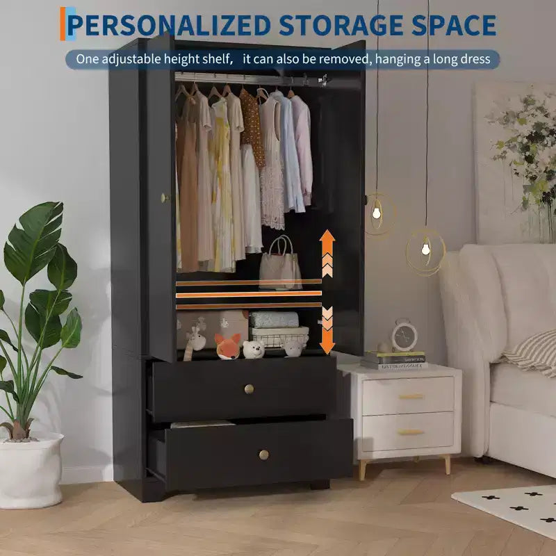 Armoire-penderie moderne en bois de 71 pouces pour chambre, avec 2 portes, 2 tiroirs, étagères réglables et tringle