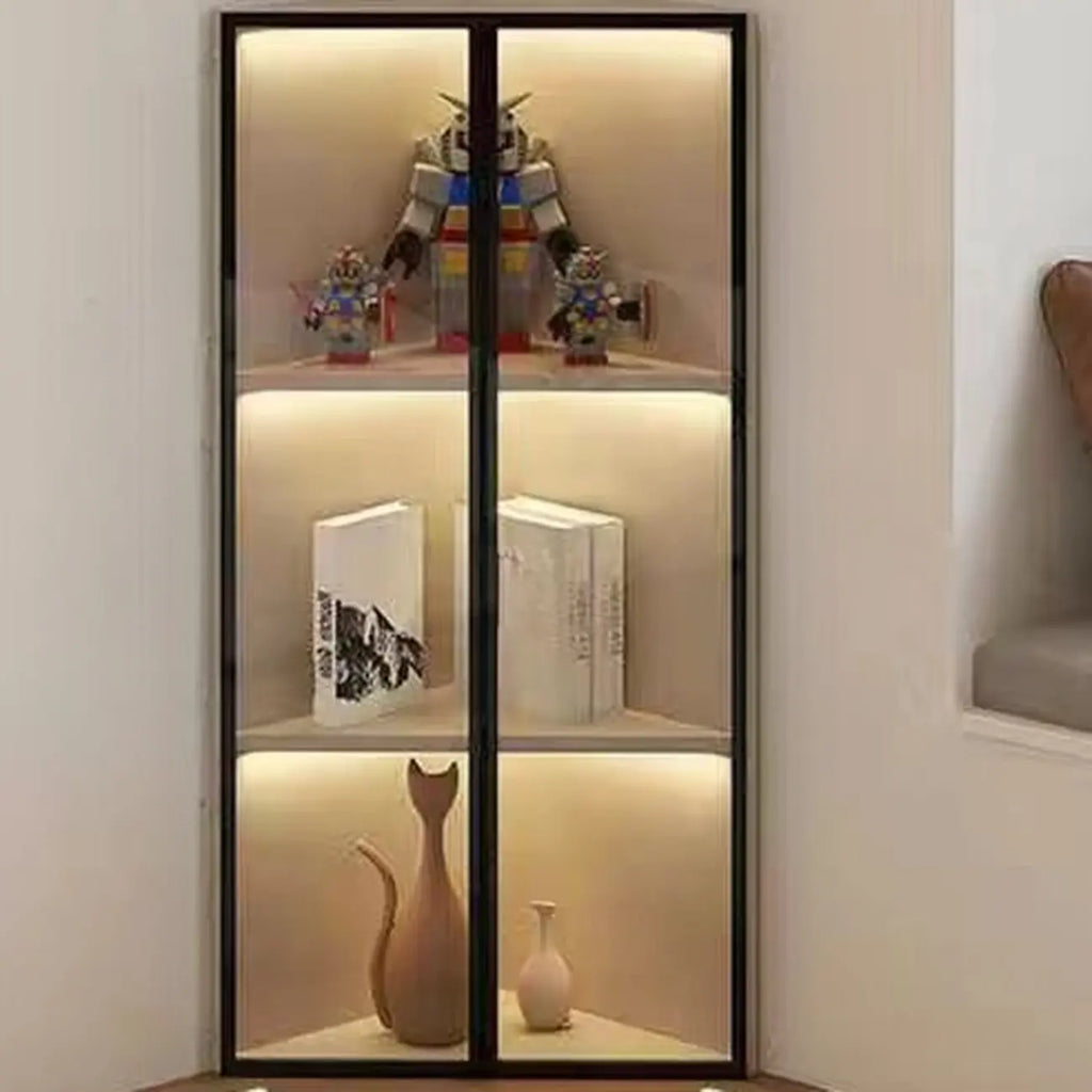 Moderne grijze metalen houten hoekvitrinekast met glazen deur