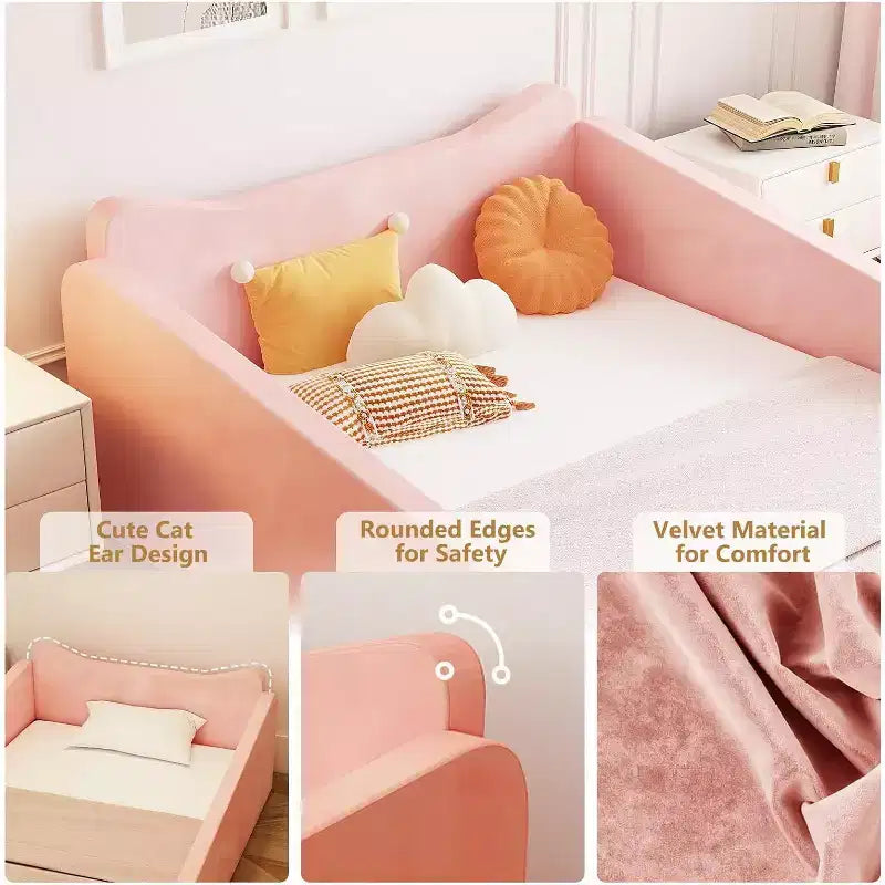 JOYMOR Kleinkinderbett, Bodenbett mit Sicherheitsgitter, Montessori-Kleinkinderbett mit Tierohren, rosa