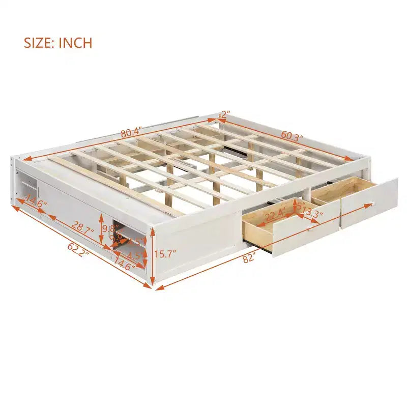 Cadre de lit plateforme grand lit Whisen avec 4 tiroirs de rangement et rangement dans le pied de lit