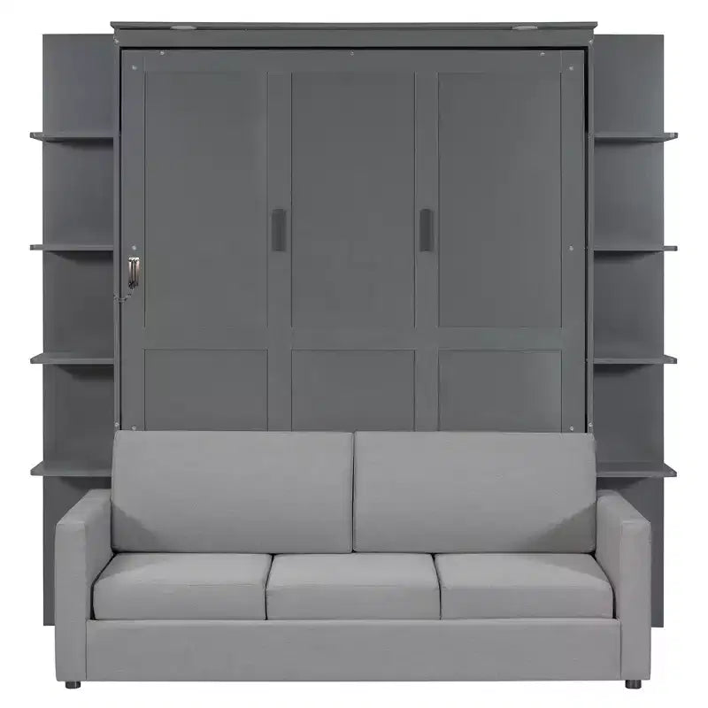 Queensize Murphy-bed met bank, opklapbed in kastformaat met boekenkast en planken voor de logeerkamer of het kantoor