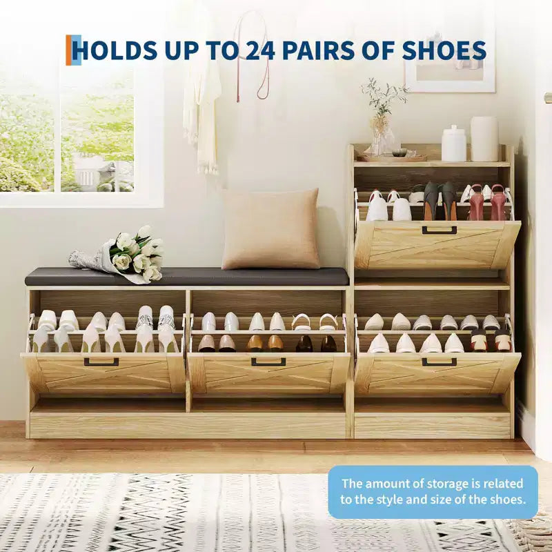 Schuhschrank im Landhausstil, Flurbank aus Holz mit 4 Klappschubladen, schmaler, versteckter Schuhorganizer, freistehendes Schuhregal für Flur und Eingangsbereich