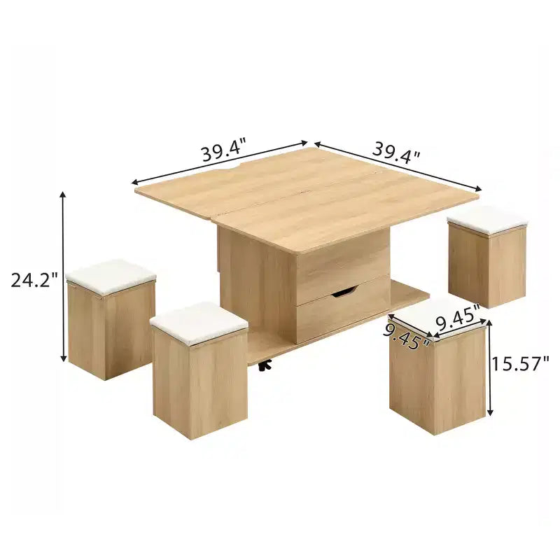 Table basse moderne multifonctionnelle à plateau relevable avec rangement caché, 4 tabourets et roulettes, idéale pour les espaces de vie modernes