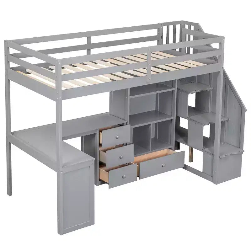 Hochbett in Einzelbettgröße mit L-förmigem Schreibtisch, 3 Schubladen, Schrank und Stauraum in der Treppe, Konstruktion aus massivem Kiefernholz/MDF