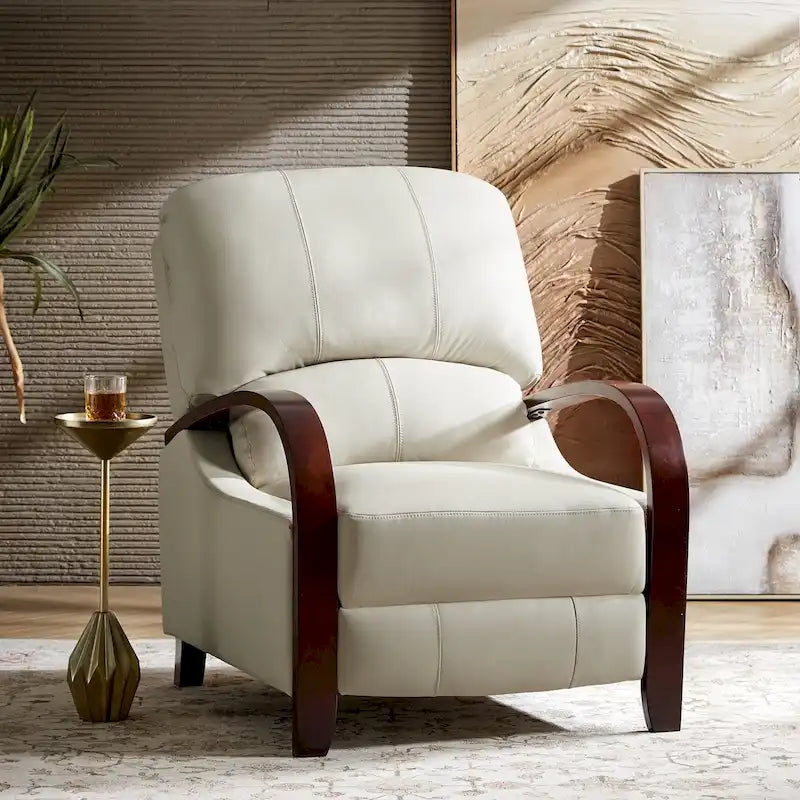 Fauteuil inclinable manuel Alex, style moderne du milieu du siècle, en cuir véritable coloris cigare, avec accoudoirs incurvés en bois