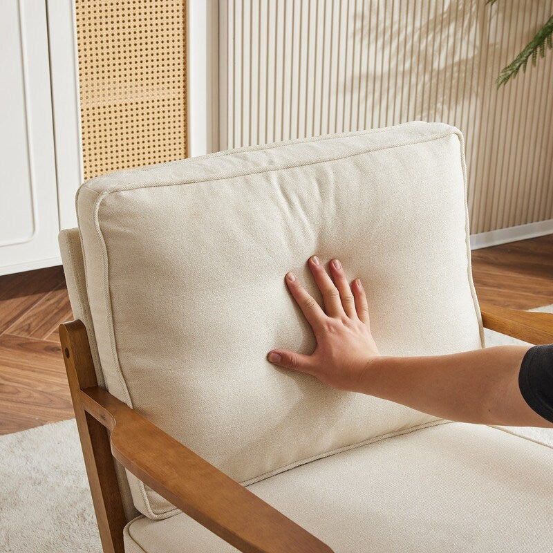 Gepolsterter Akzentstuhl aus Leinenmischgewebe mit Holzbeinen und einem Kissen, Beige
