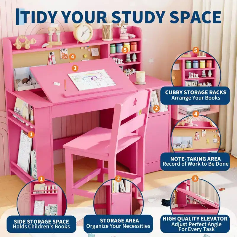 Ensemble bureau et chaise d’étude pour enfants avec rangement, bureau d’étude avec étagère supérieure inclinable, pour les enfants de 3 à 8 ans, table d’écriture pour chambre