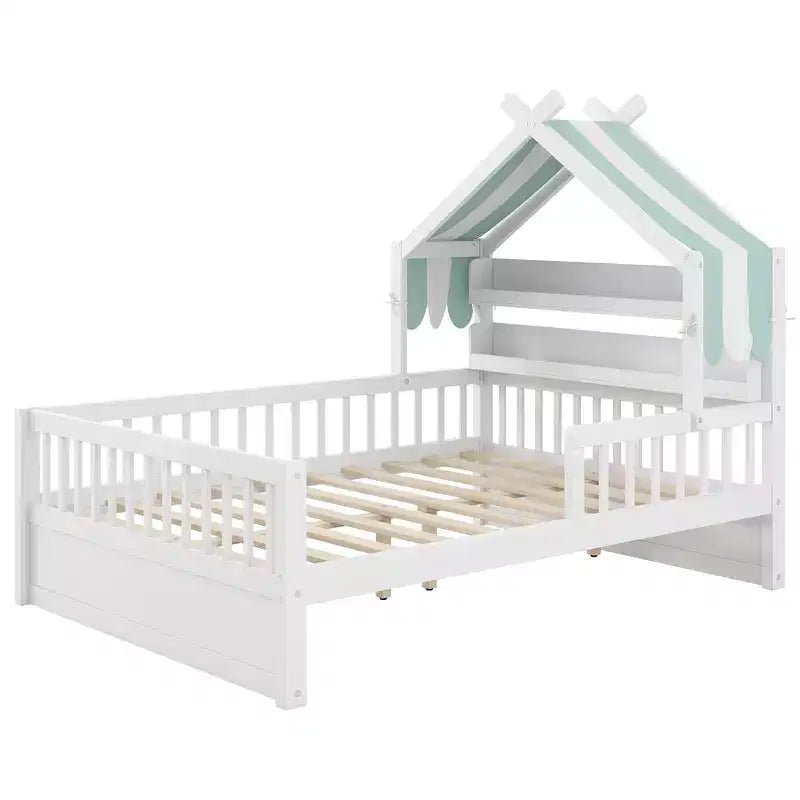 ModernLuxe Holzhüttenbett in Twin-/Full-Größe mit Stauraum-Kopfteil, Kinderbettgestell aus massivem Kiefernholz mit Schutzgittern