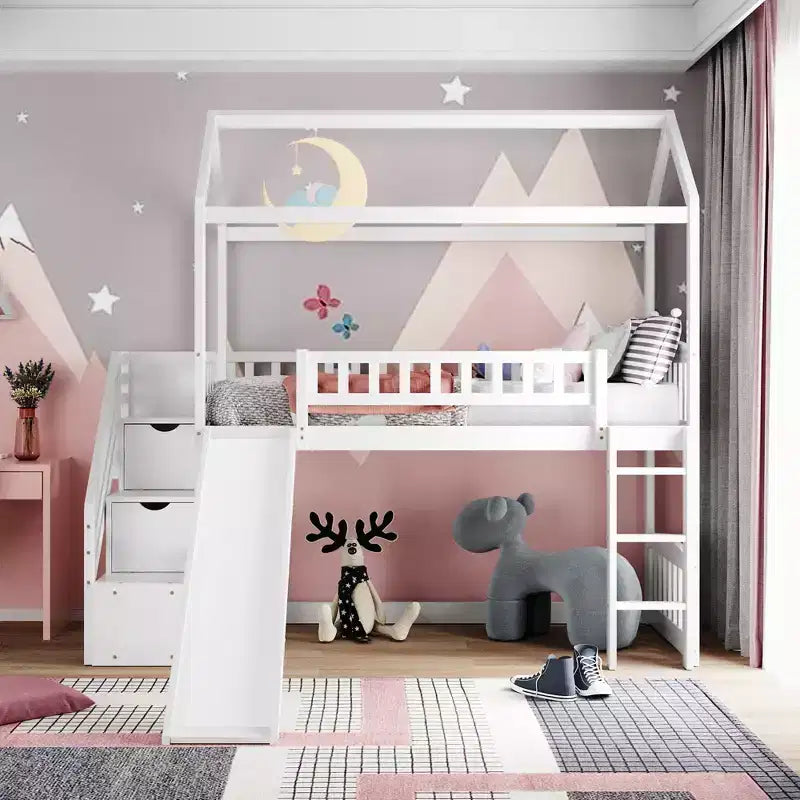 Hochbett in Hausform für Einzelbetten mit Rutsche und Treppe, Hochbett mit Schubladen, Holzhütten-Hochbett für Kinder und Kleinkinder