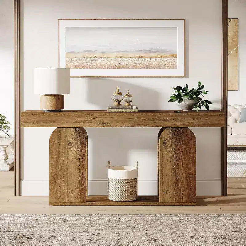 Lantine extra lange landelijke consoletafel van 70.9 inch met houten opbergplank met 2 niveaus, geschikt voor hal, woonkamer en entree, vintagebruin.