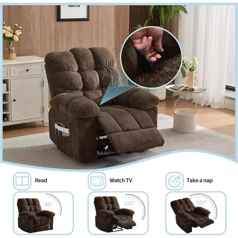 Manueller Relaxsessel aus ergonomischem, atmungsaktivem Stoff mit Seitentaschen, Einzelsessel, geeignet für Wohnzimmer und Schlafzimmer