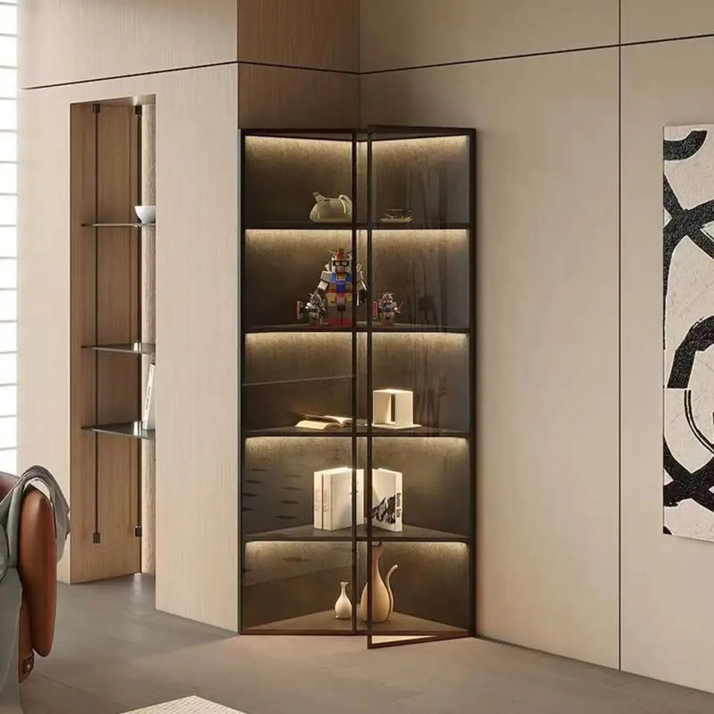 Moderne grijze metalen houten hoekvitrinekast met glazen deur