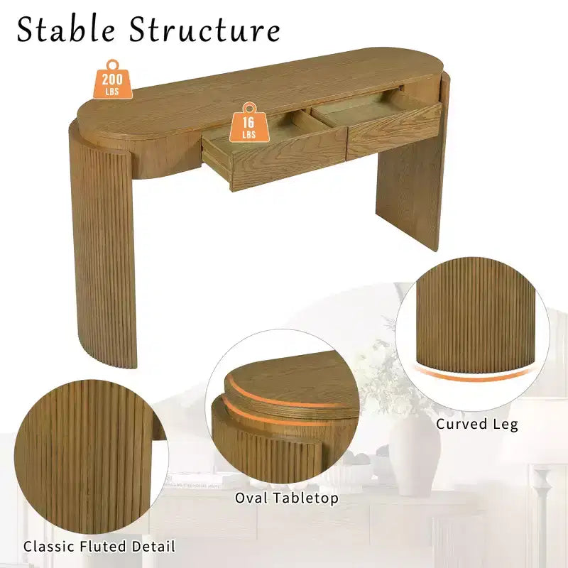 Table console moderne Merax à plateau ovale, avec pieds incurvés cannelés et deux tiroirs dissimulés