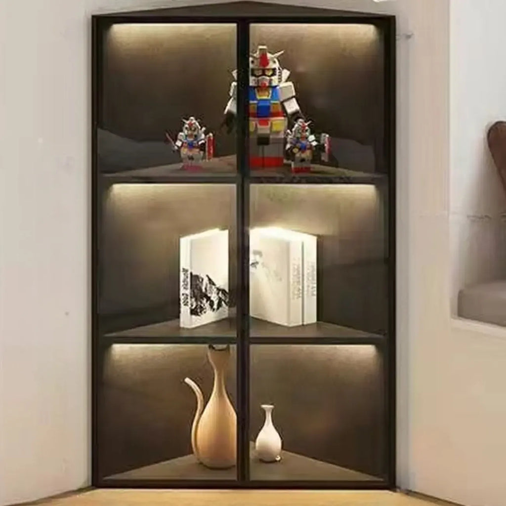 Moderne grijze metalen houten hoekvitrinekast met glazen deur