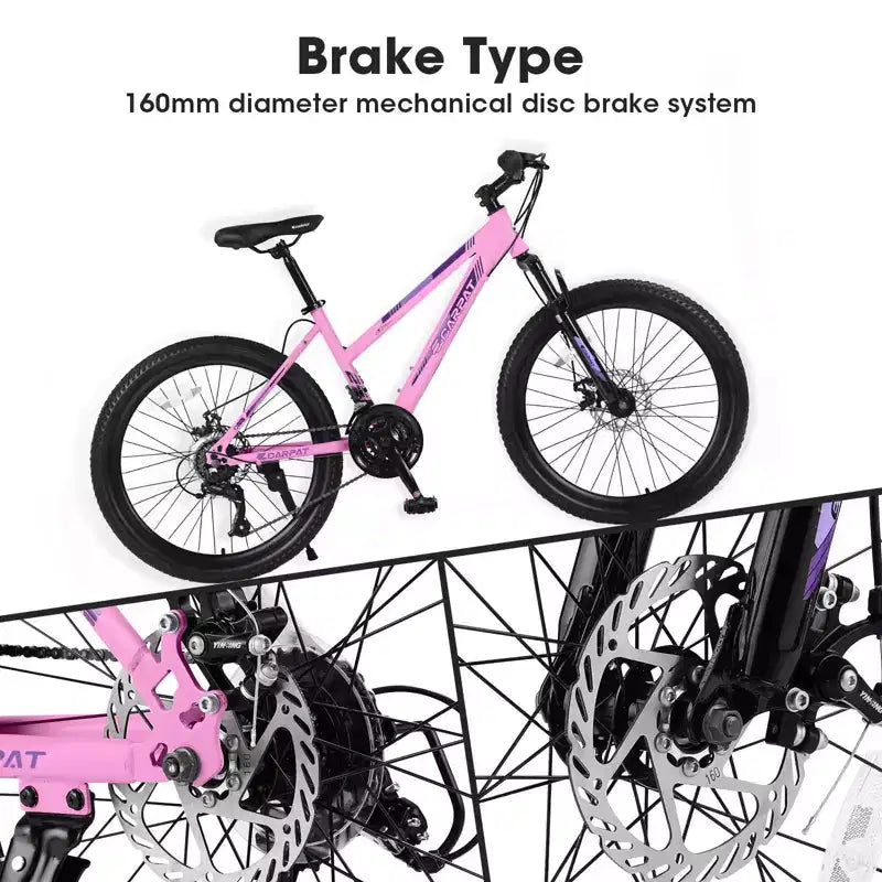 Vélo de montagne Okak 24/26IN avec 21 vitesses et freins à double disque, vélo pour enfants avec suspension avant de 100 mm, vélo tout-terrain pour adolescents et femmes