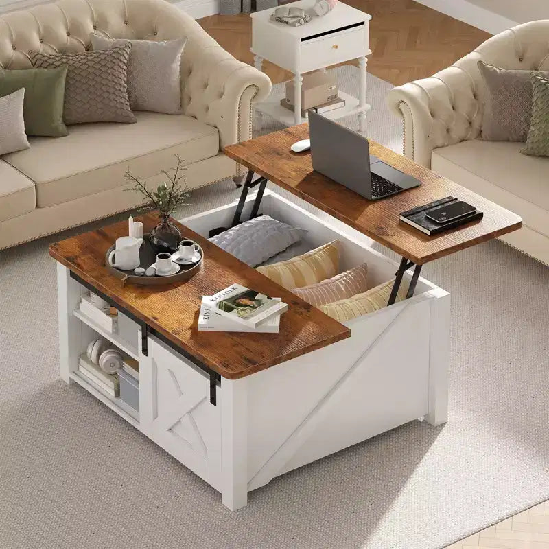 JIONJOY Couchtisch 31.5 mit anhebbarer Tischplatte, großem verstecktem Stauraum und verstellbaren Ablagen, quadratischer Wohnzimmertisch im Landhausstil für kleine Räume