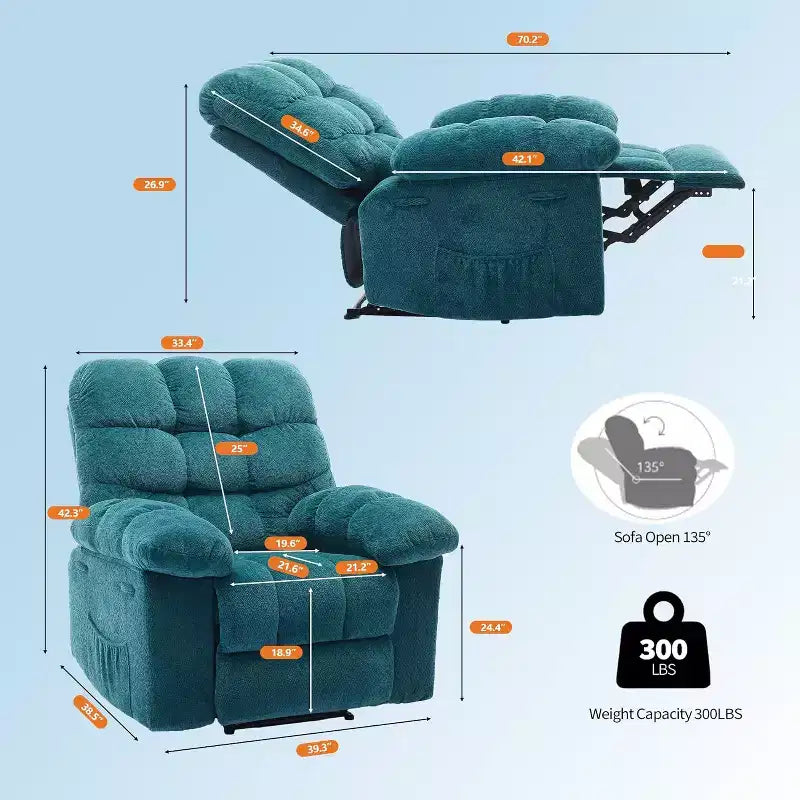 Manueller Relaxsessel aus ergonomischem, atmungsaktivem Stoff mit Seitentaschen, Einzelsessel, geeignet für Wohnzimmer und Schlafzimmer