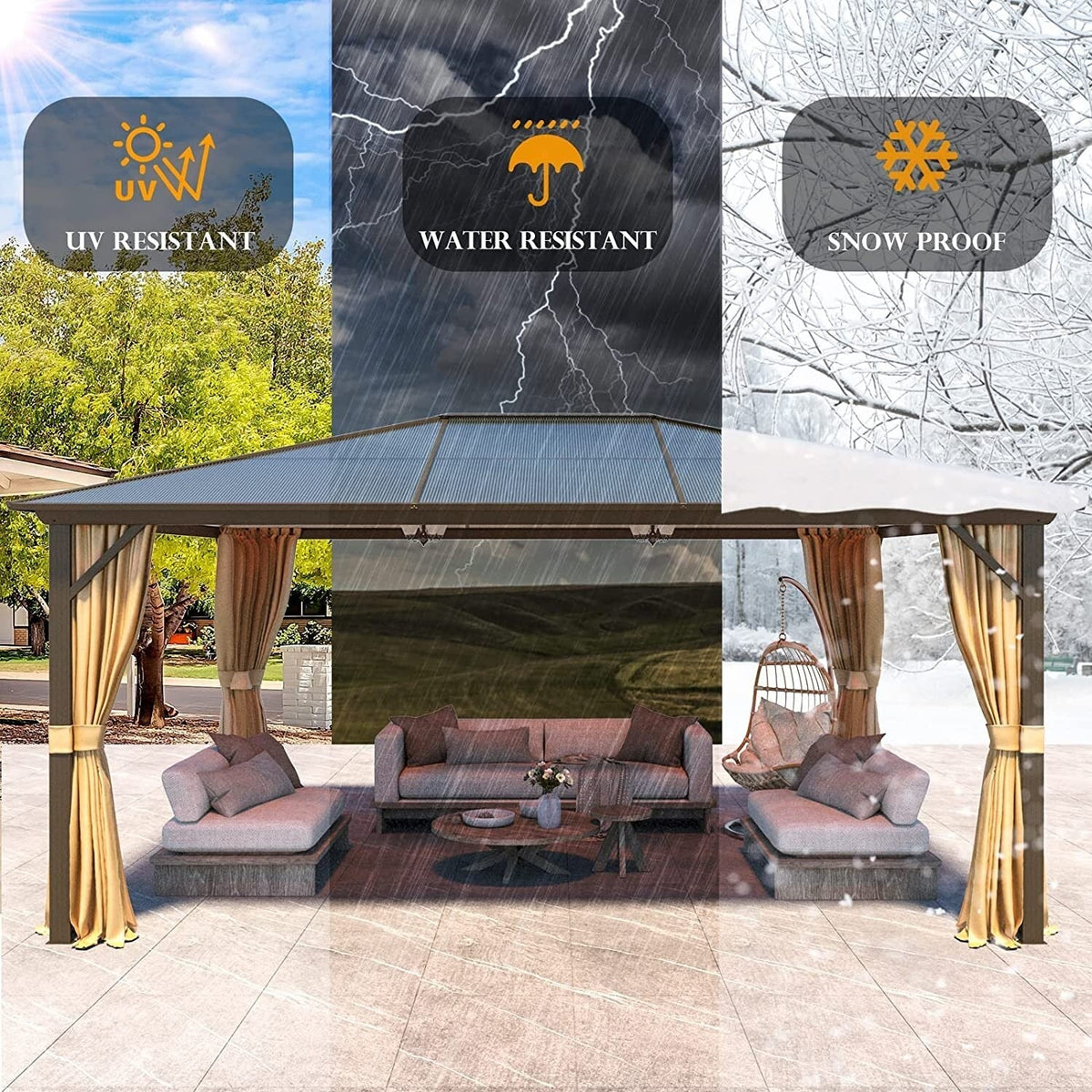 EROMMY Pavillon mit festem Dach, Pergola für den Außenbereich mit Doppeldach, Moskitonetz und Vorhängen, strapazierfähiges Sonnendach für Terrasse, Garten und Poolpartys