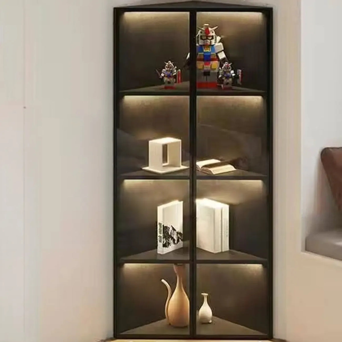 Moderne grijze metalen houten hoekvitrinekast met glazen deur