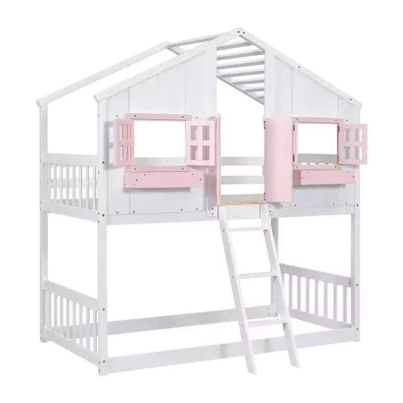 Hoogslaper in huisvorm voor een eenpersoonsbed, houten speelhuis-hoogslaper met ladder en veiligheidsleuningen voor kinderen
