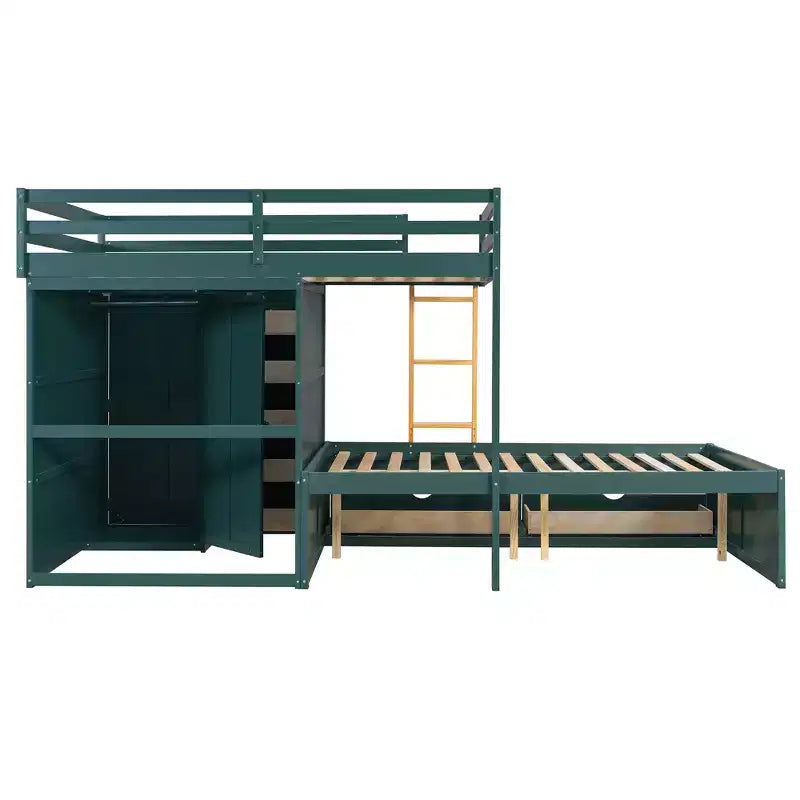 Stapelbed met twee tweepersoonsbedden, opbergkast en laden, houten stapelbed in tweepersoonsformaat met ruimtebesparend ontwerp en veiligheidsreling voor appartement en slaapkamer