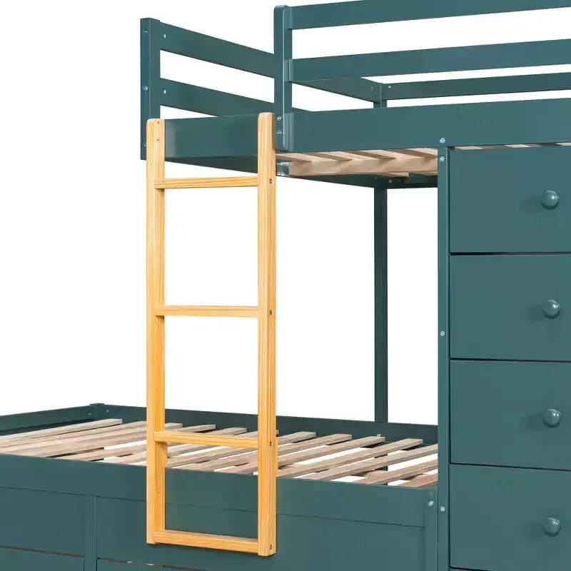 Stapelbed met twee tweepersoonsbedden, opbergkast en laden, houten stapelbed in tweepersoonsformaat met ruimtebesparend ontwerp en veiligheidsreling voor appartement en slaapkamer