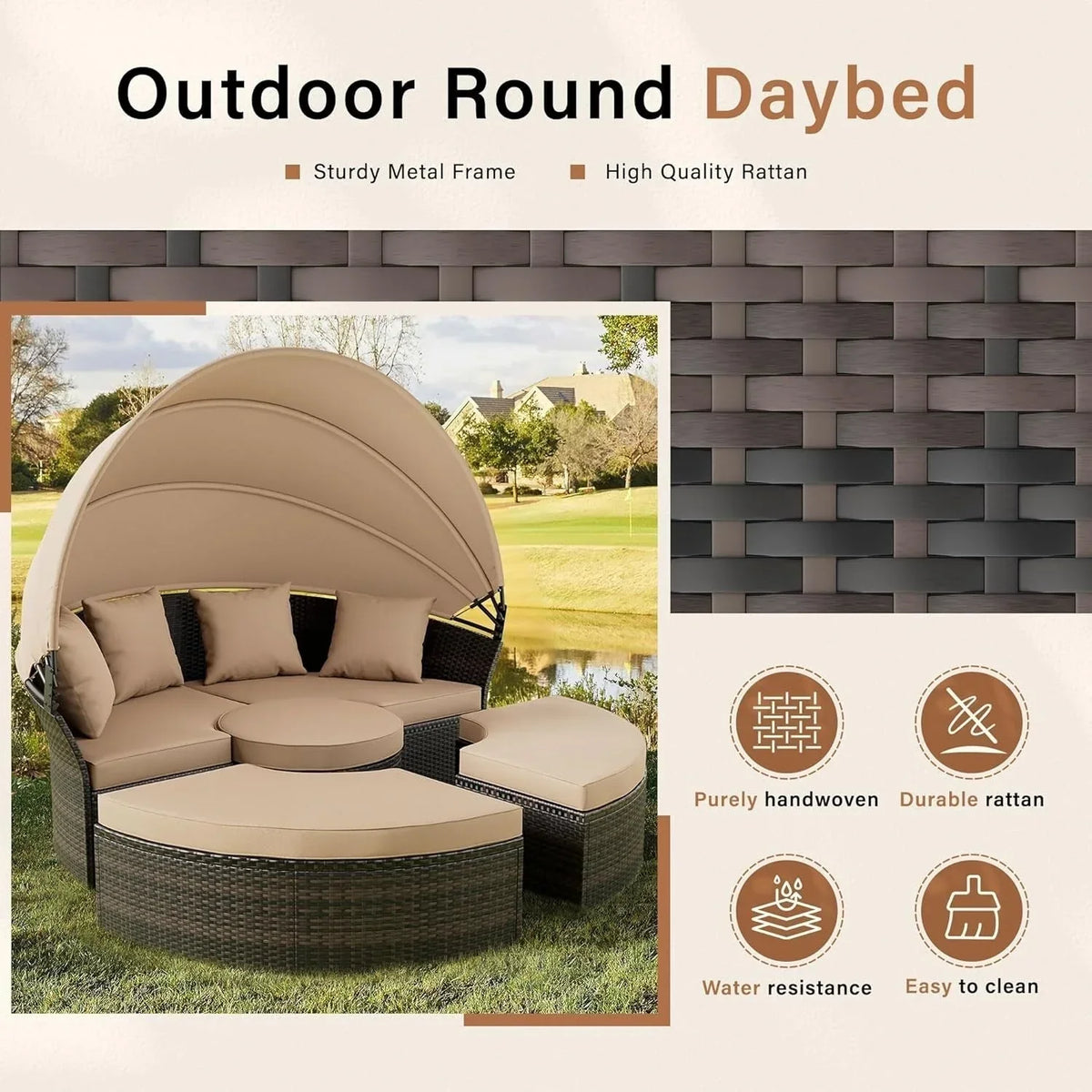 Salon de jardin Nuon 4 pièces/5 pièces avec méridienne en résine tressée et auvent, par Havenside Home