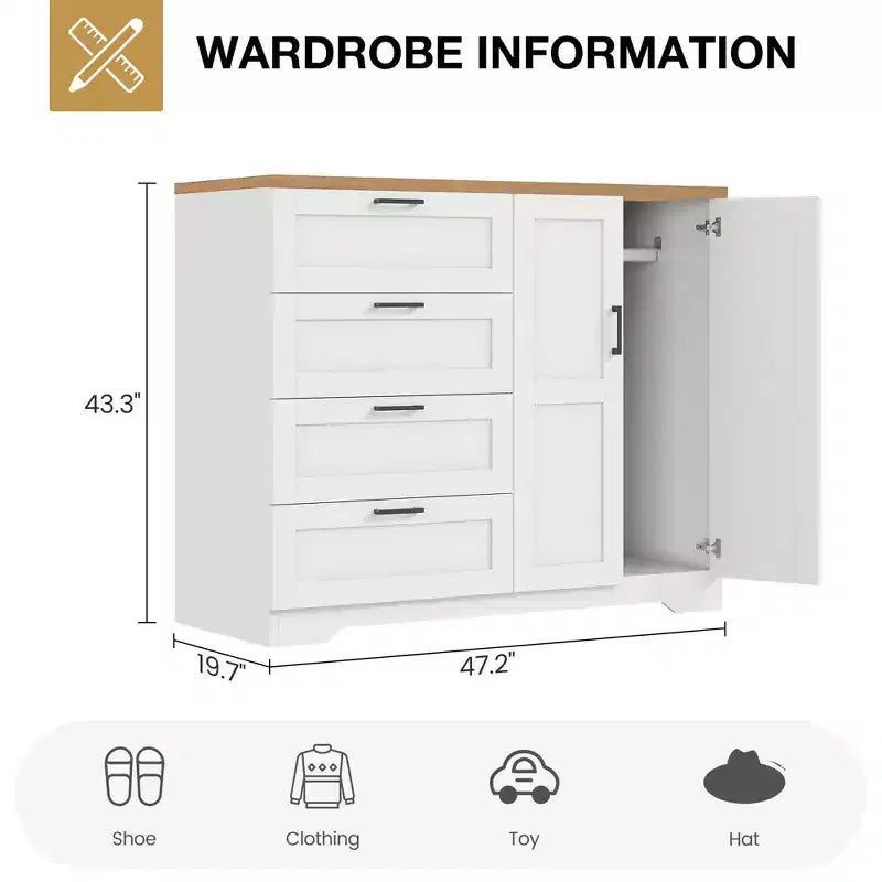 Holzkleiderschrank, 43.3 H hoch, mit 4 Schubladen und Kleiderstange, vielseitiger Kleiderschrank mit Kommode fürs Schlafzimmer