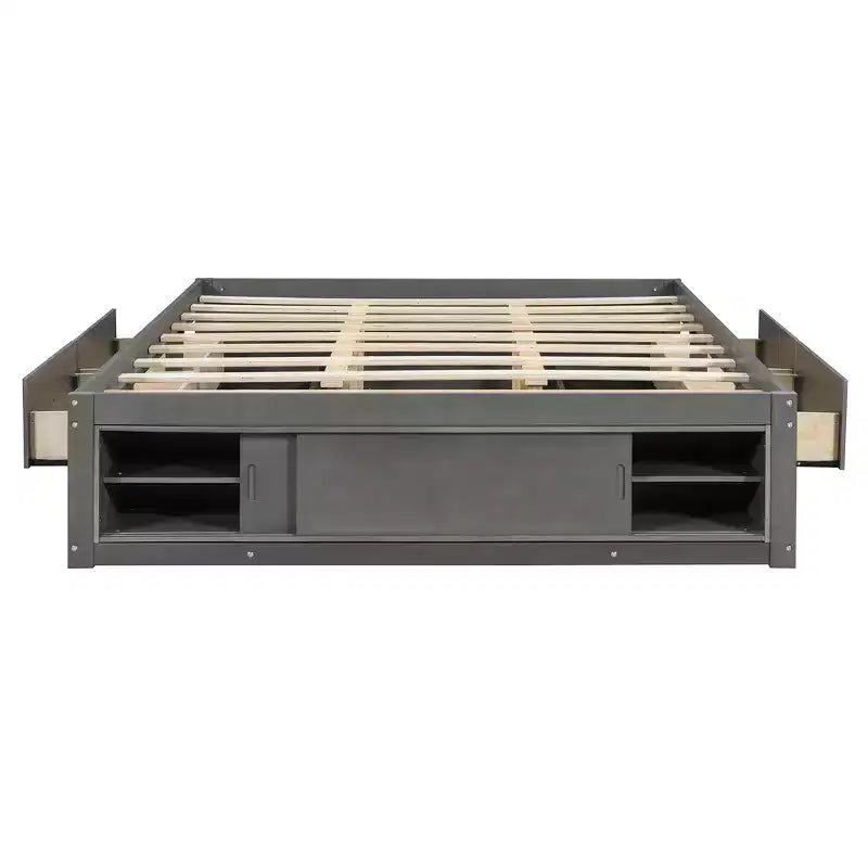 Cadre de lit plateforme grand lit Whisen avec 4 tiroirs de rangement et rangement dans le pied de lit