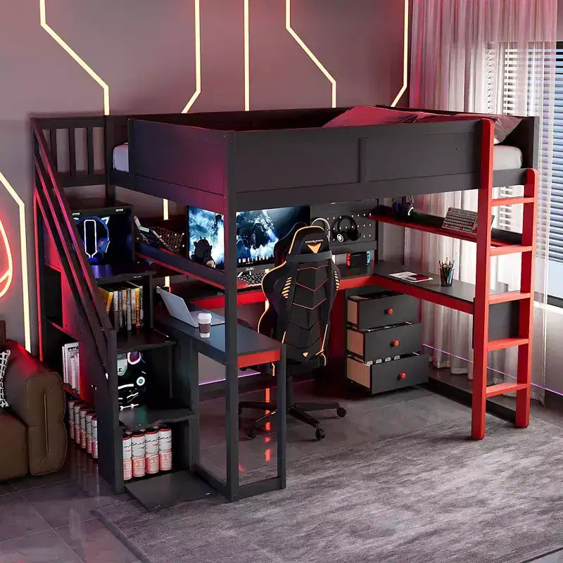 GDFStudio Scott houten gaminghoogslaper met opberktrap, bureau, planken en pegboard